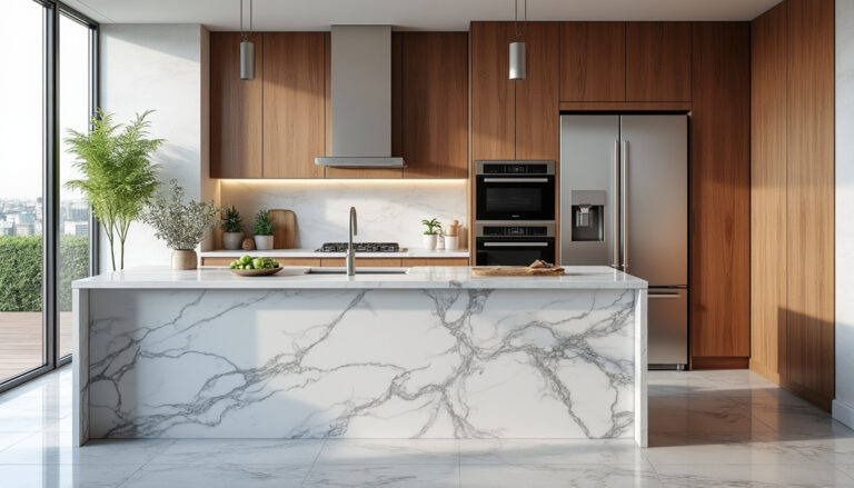 Cuisine en marbre et bois : 15 idées inspirantes pour l&rsquo;adopter avec style
