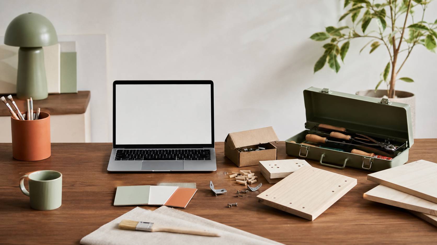 Ordinateur portable ouvert sur table de travail avec boîte à outils et petit meuble en kit à côté d'une plante verte