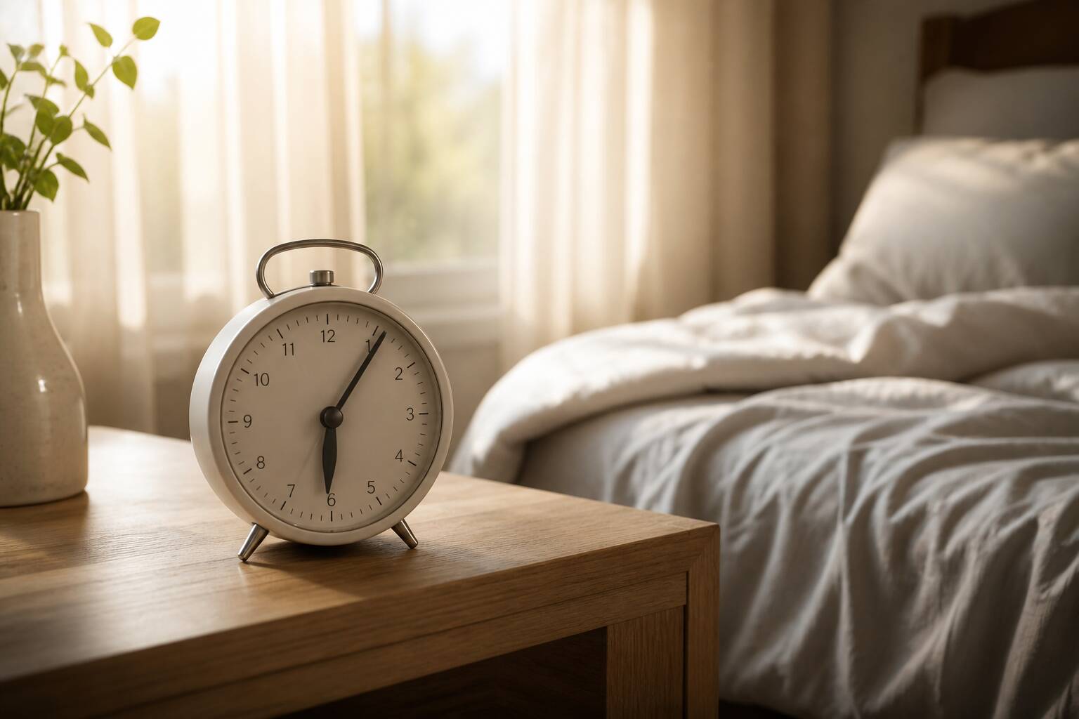 Reveil affichant 06:06 avec lumiere douce du matin