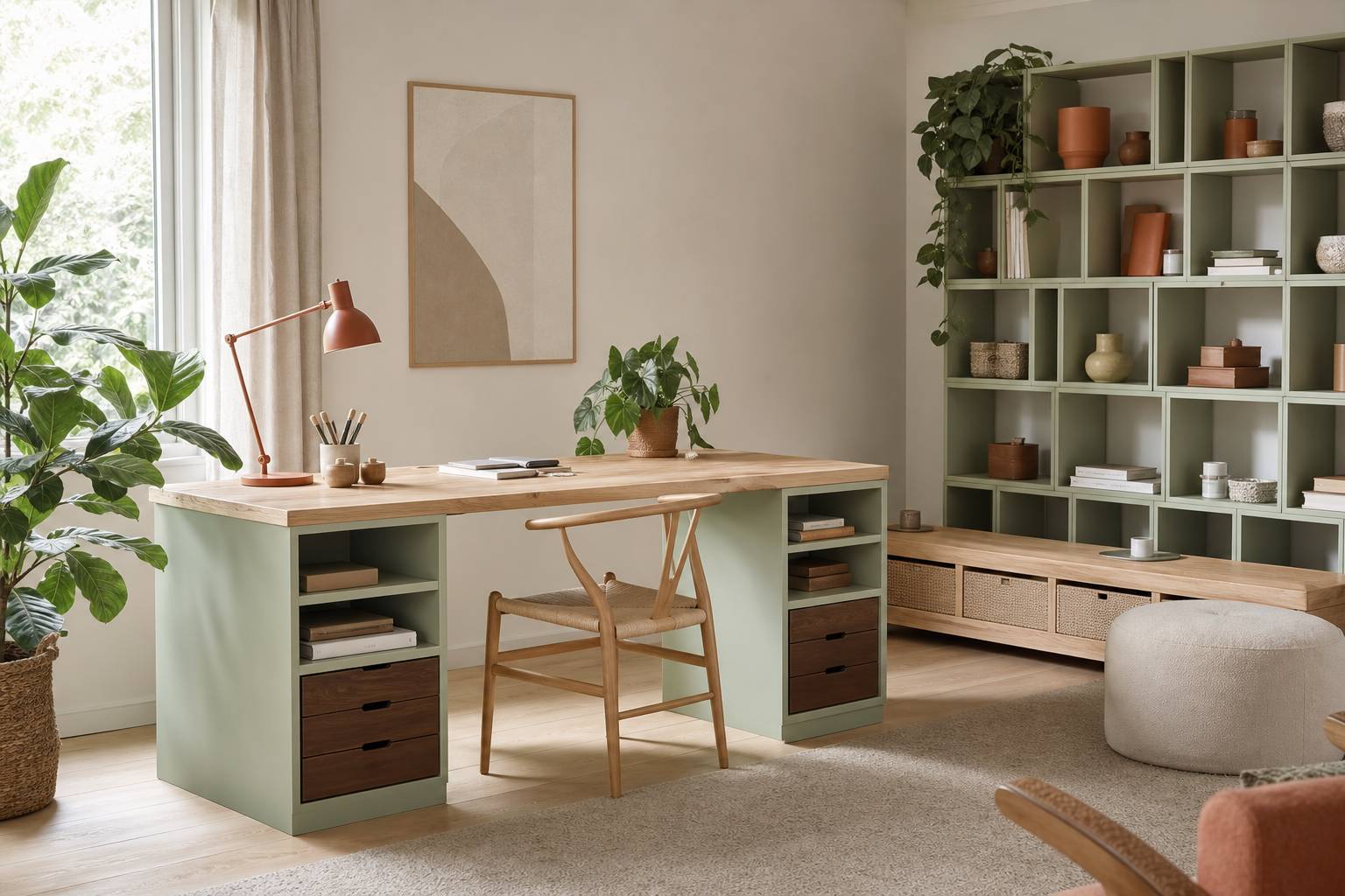 Étagère IKEA KALLAX repeinte en vert sauge et bureau transformé avec plateau bois brut dans intérieur scandinave lumineux avec plantes vertes