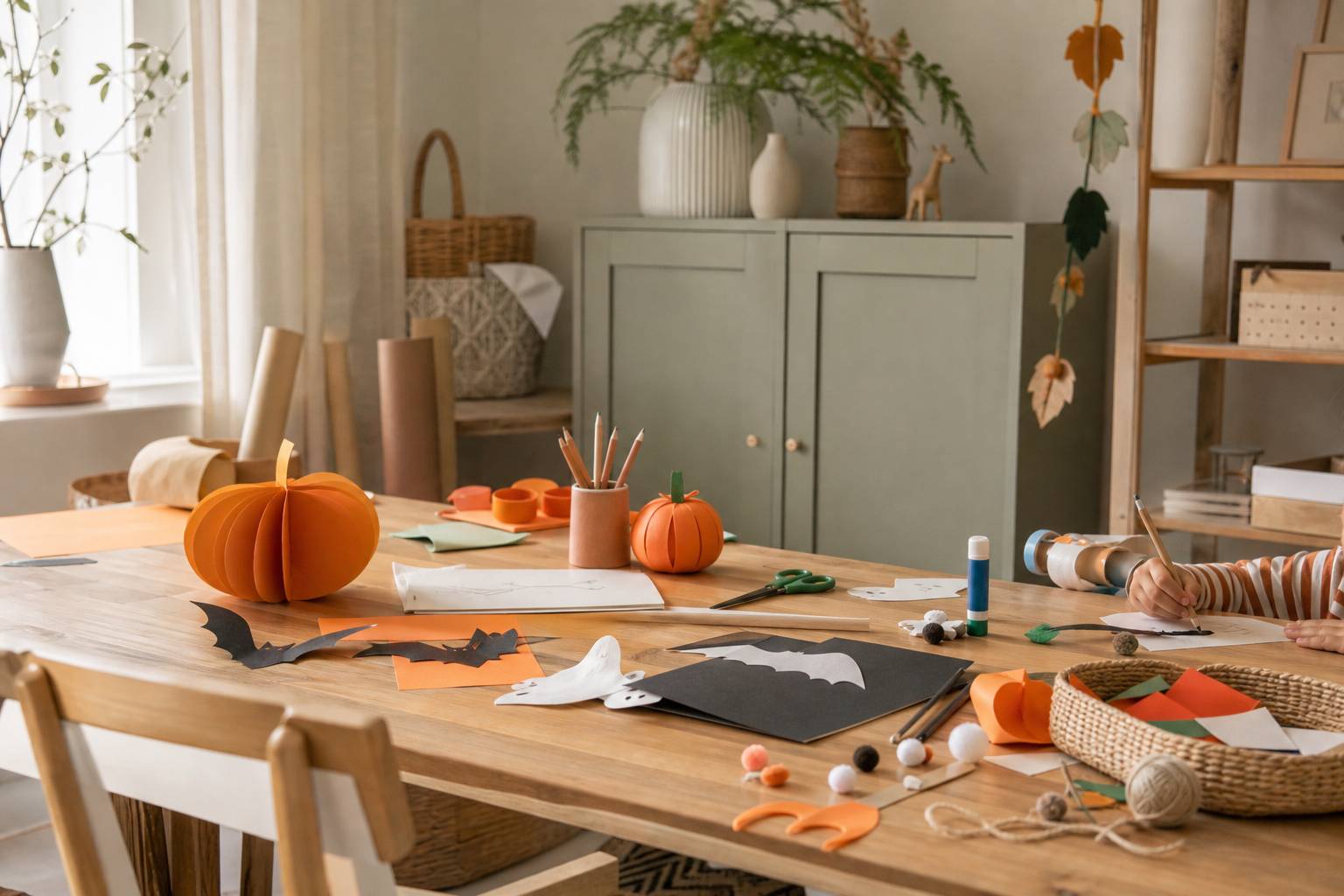 Table d activités manuelles avec dessins d Halloween et crayons de couleur