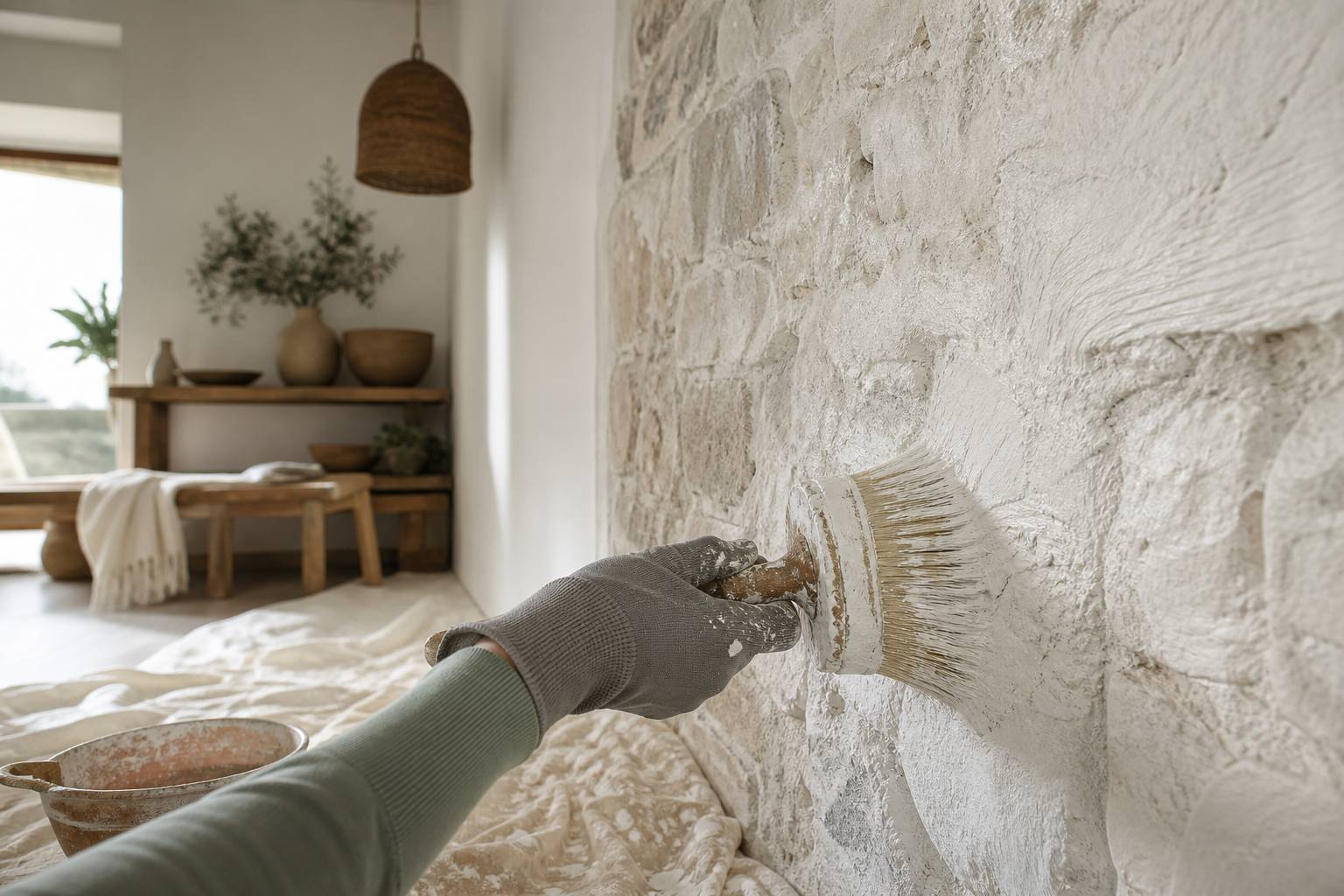 Main gantée appliquant du lait de chaux sur un mur en pierre avec un pinceau large