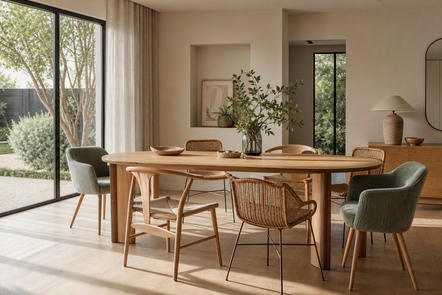 Chaises design contemporaines autour d'une table à manger bois clair