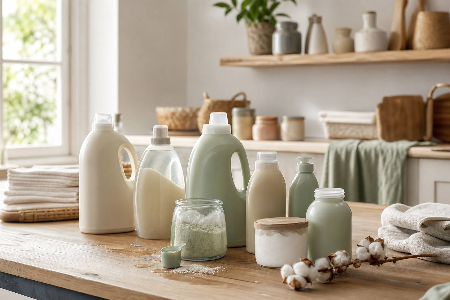 Plusieurs bouteilles de lessive posées sur un plan de travail en bois avec fleur de coton