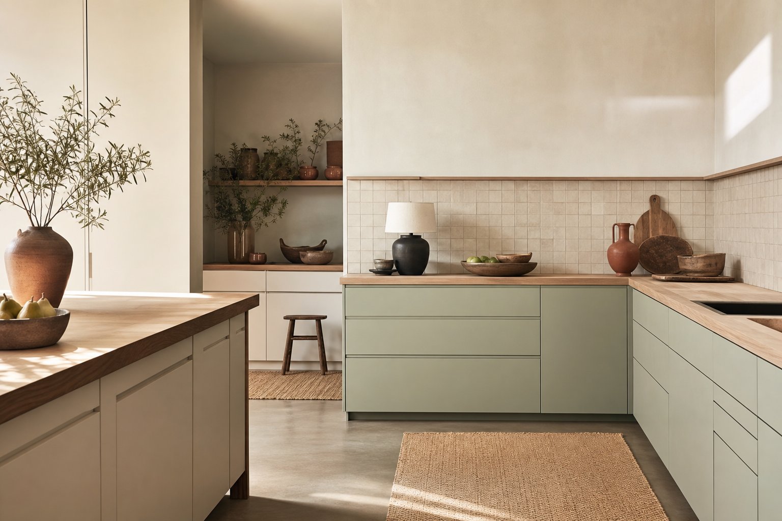 Cuisine moderne sans meubles hauts avec électroménager camouflé et plan de travail en bois clair