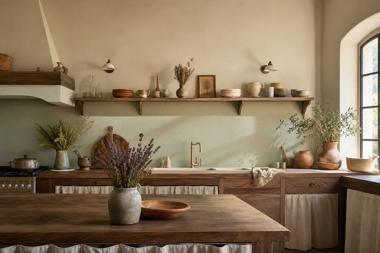 Cuisine champetre avec vaisselle ceramique sur etagere bois et bouquet lavande sechee
