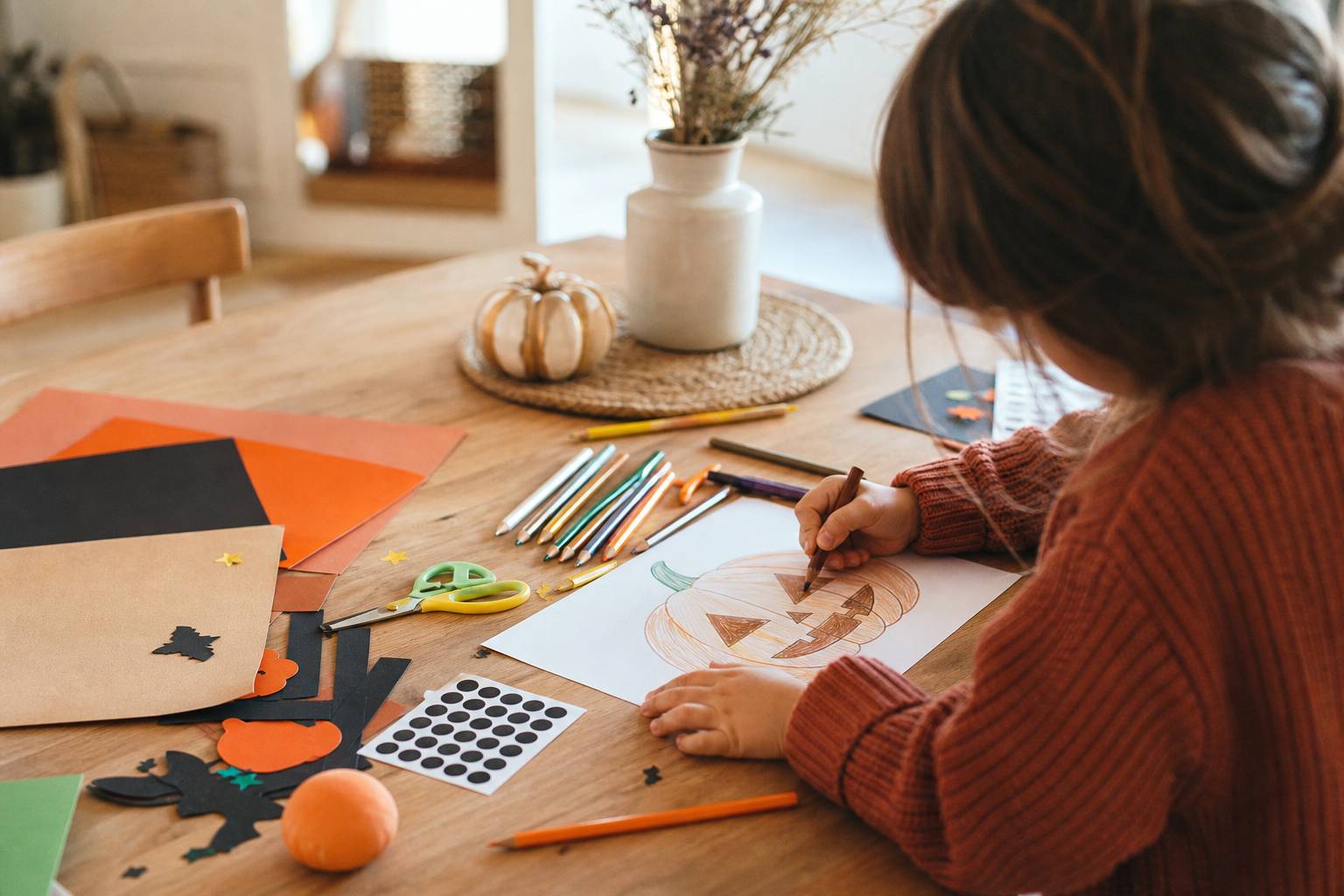 Enfant concentré dessinant une citrouille d Halloween sur une table en bois