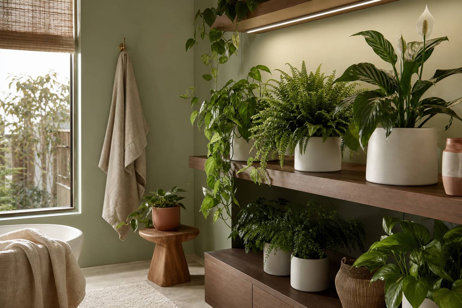 Étagère en bois avec pots céramique blanc contenant fougère et pothos, lampe LED au-dessus