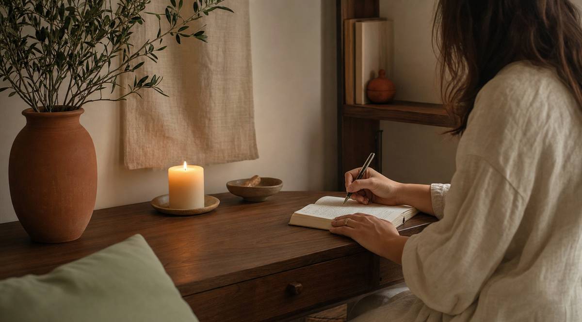 Personne ecrivant dans un journal avec bougie et ambiance spirituelle