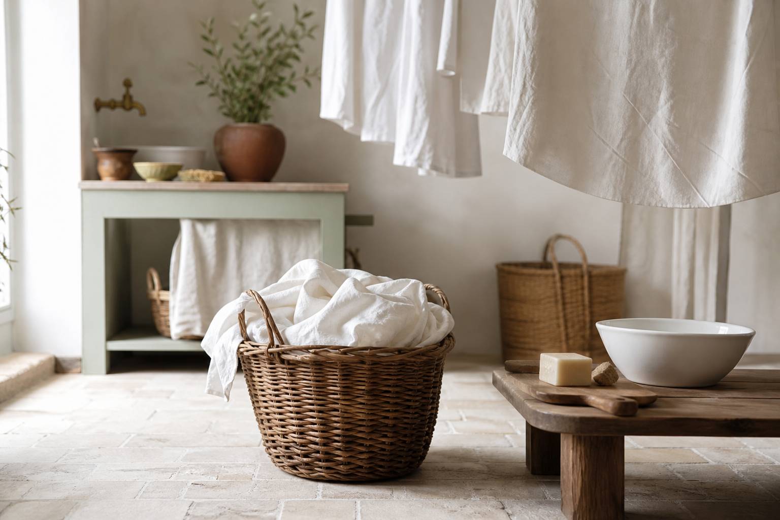 Panier en osier avec linge blanc, savon artisanal et bassine en céramique dans une buanderie lumineuse