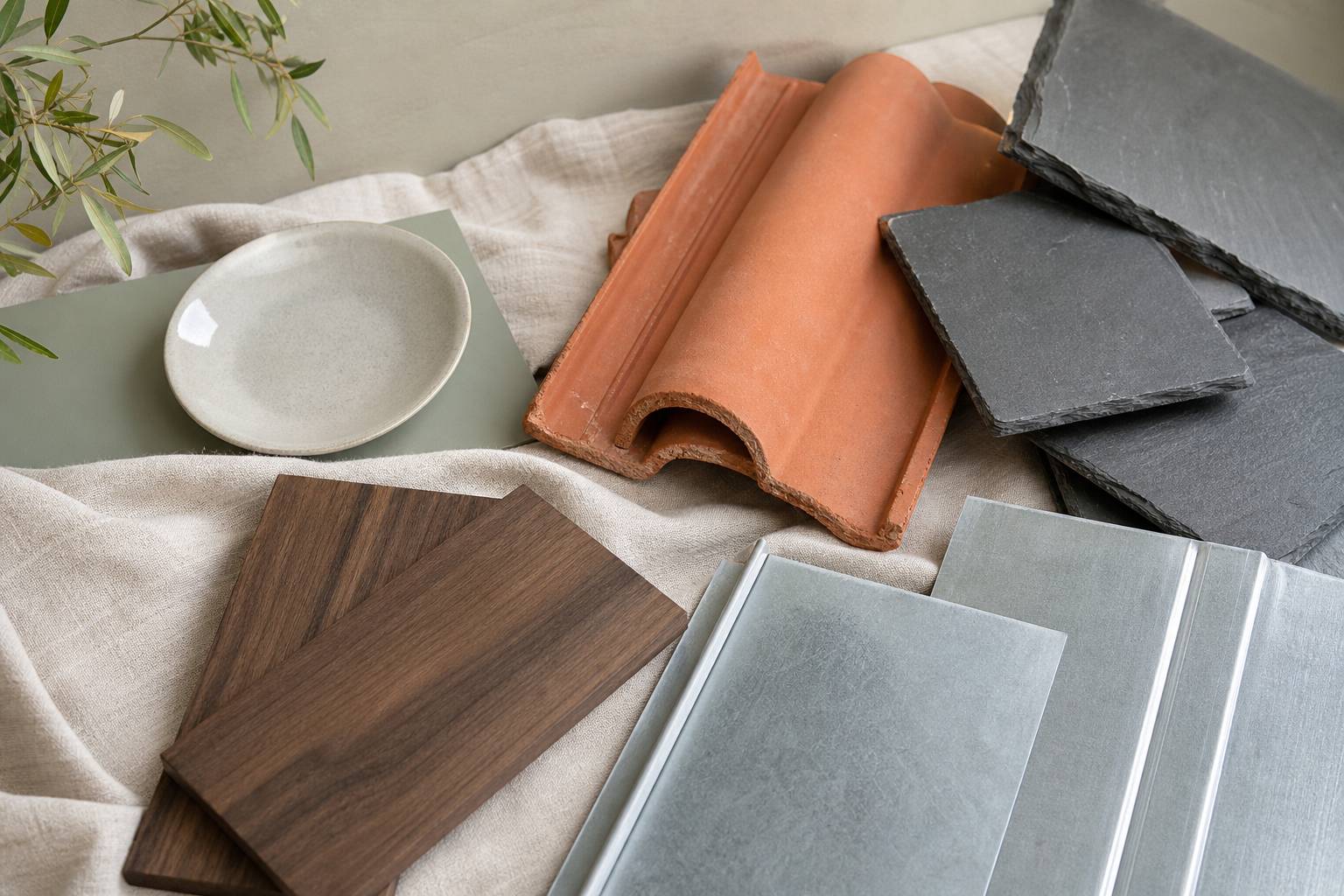 Matériaux de toiture : tuiles terre cuite, ardoise et zinc posés sur une surface en bois