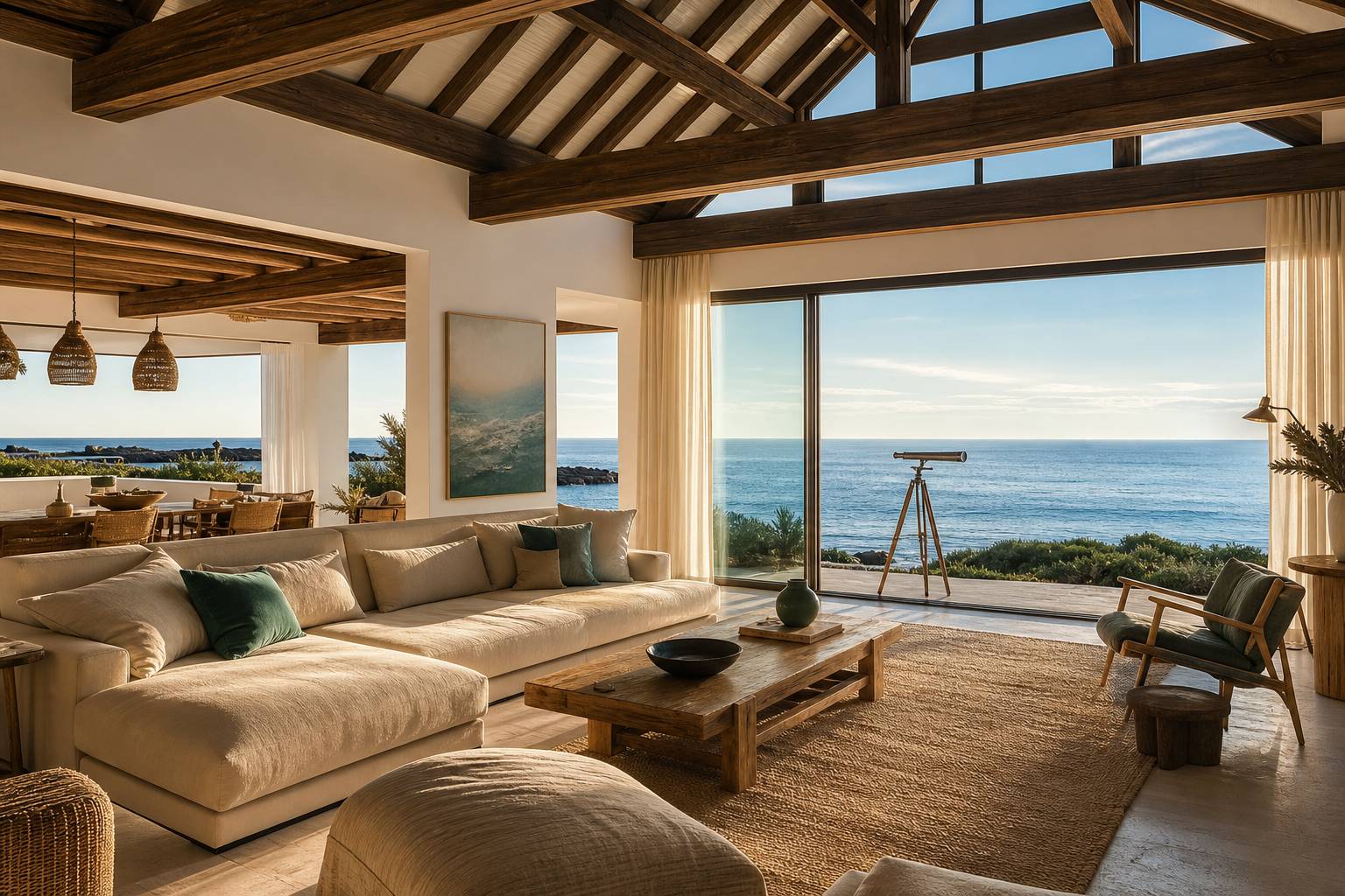 Interieur elegant d une demeure basque avec poutres apparentes et baies vitrees sur l ocean