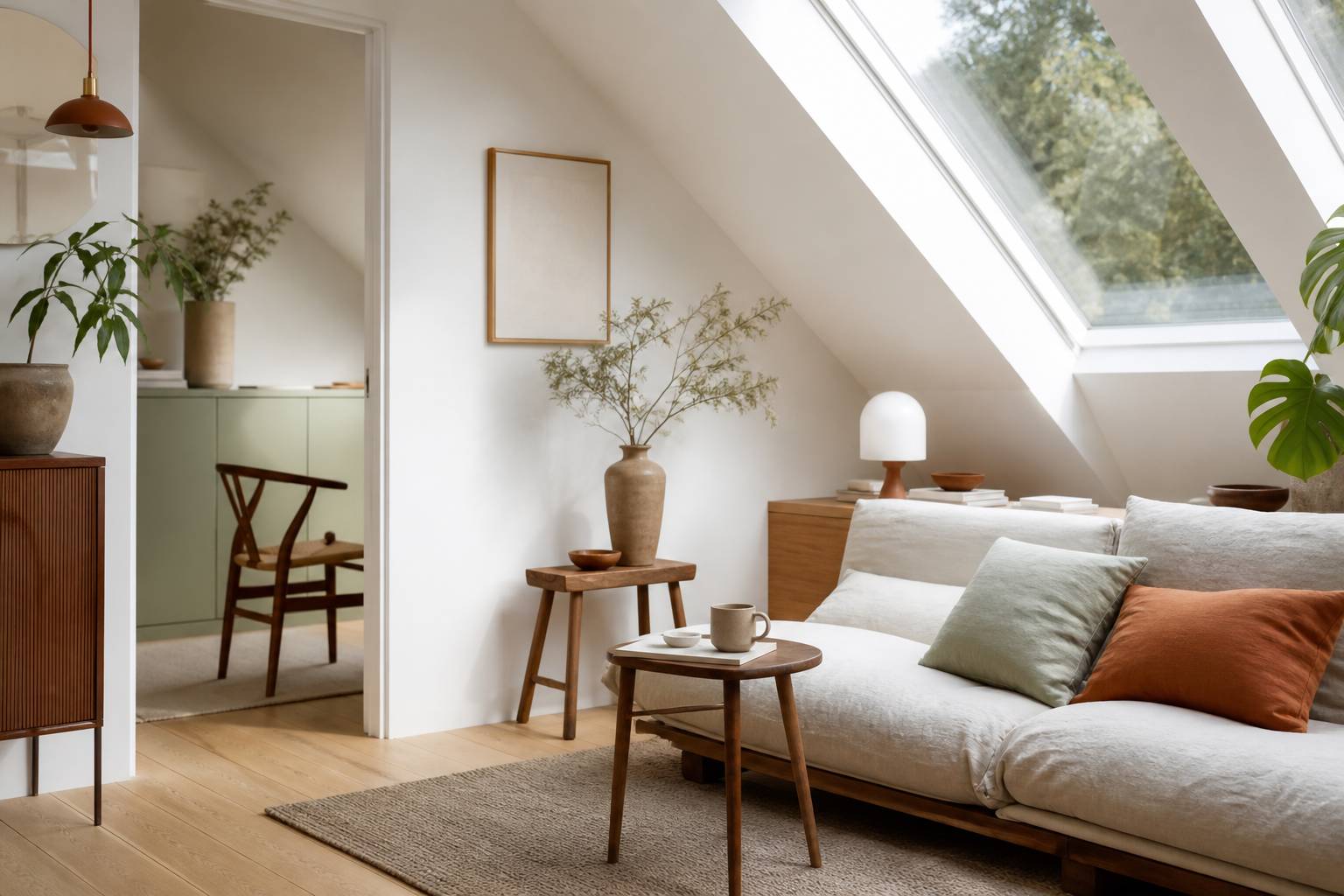 Pièce mansardée aménagée style scandinave avec parquet clair, plantes vertes et décoration minimaliste lumineuse