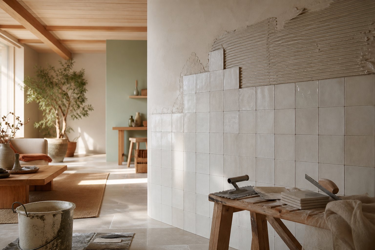 Carreaux de carrelage poses sur mur avec jointoiement, outillage a proximite