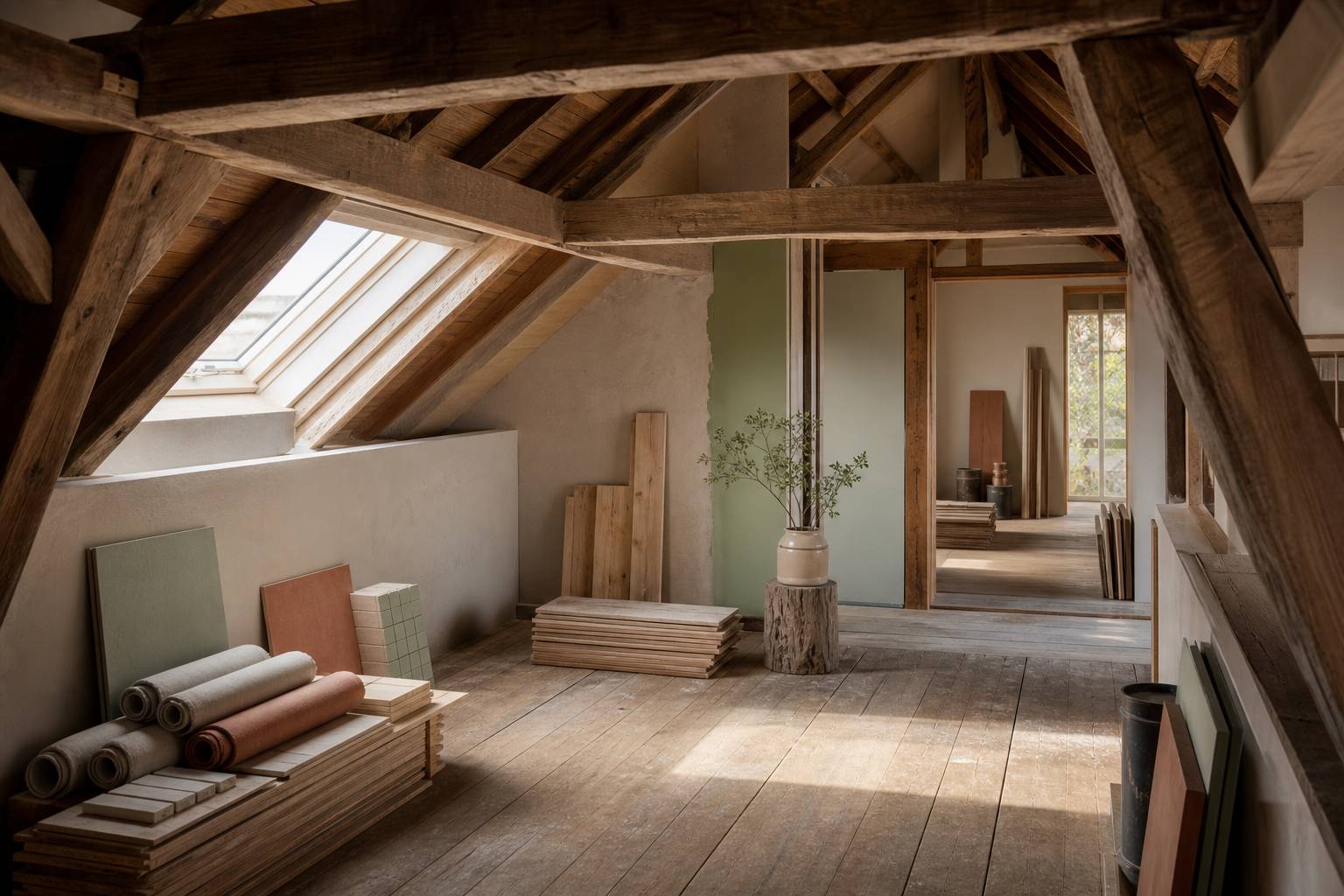 Grenier en rénovation avec charpente en bois apparente et lumière du jour entrant par une fenêtre de toit