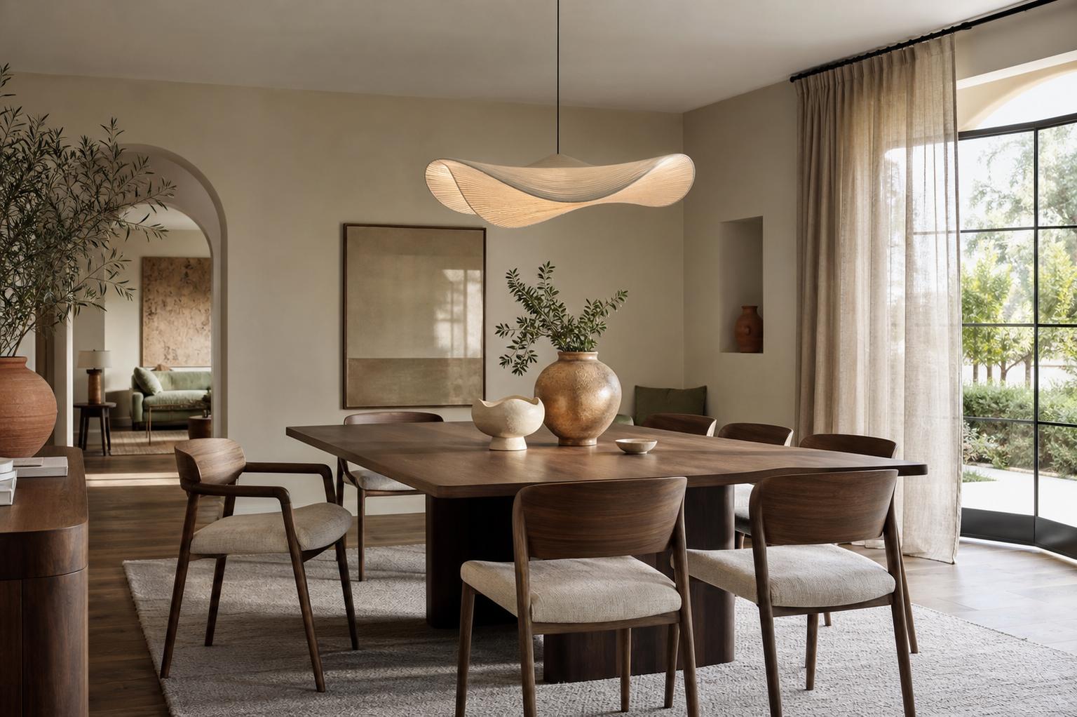 Salle à manger design avec suspension lumineuse et table moderne