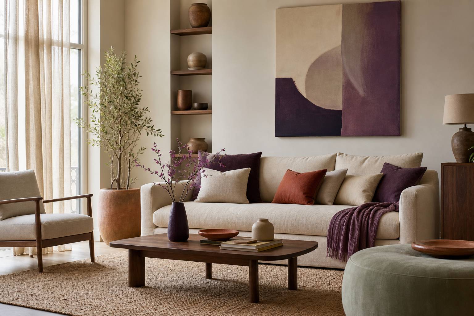 Interieur moderne avec murs violets et mobilier aux tons naturels lin et bois clair