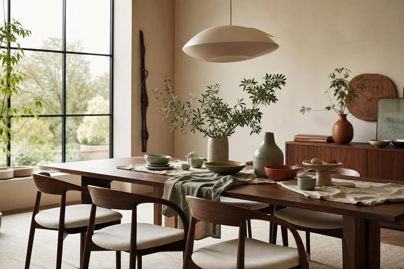 Salle à manger élégante avec suspension design au-dessus d'une table en bois