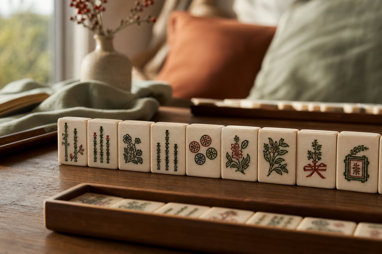 Gros plan sur des tuiles de Mahjong en bambou et ivoire alignees sur une table en bois
