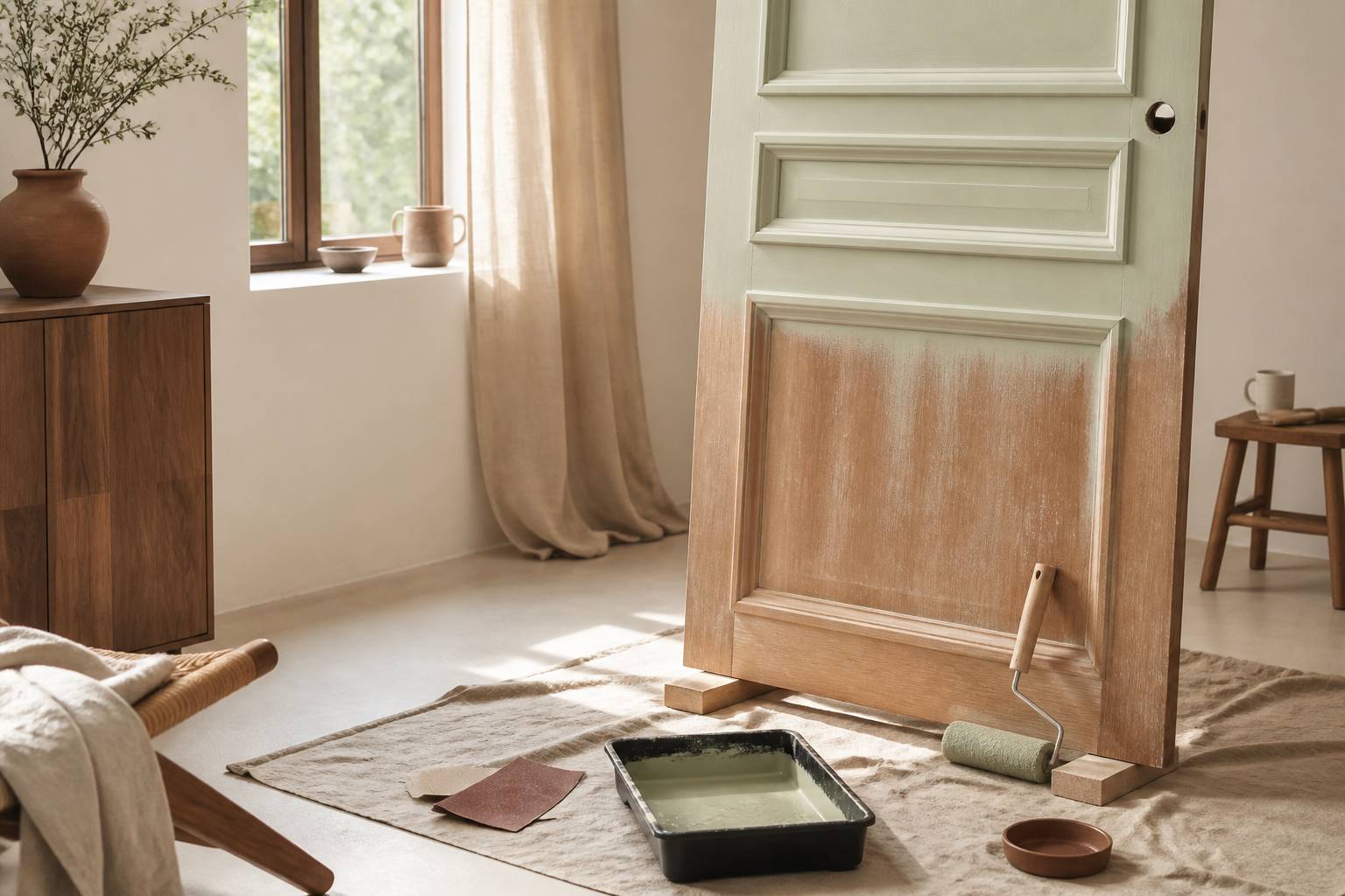 Porte en cours de peinture au rouleau avec bac et papier de verre