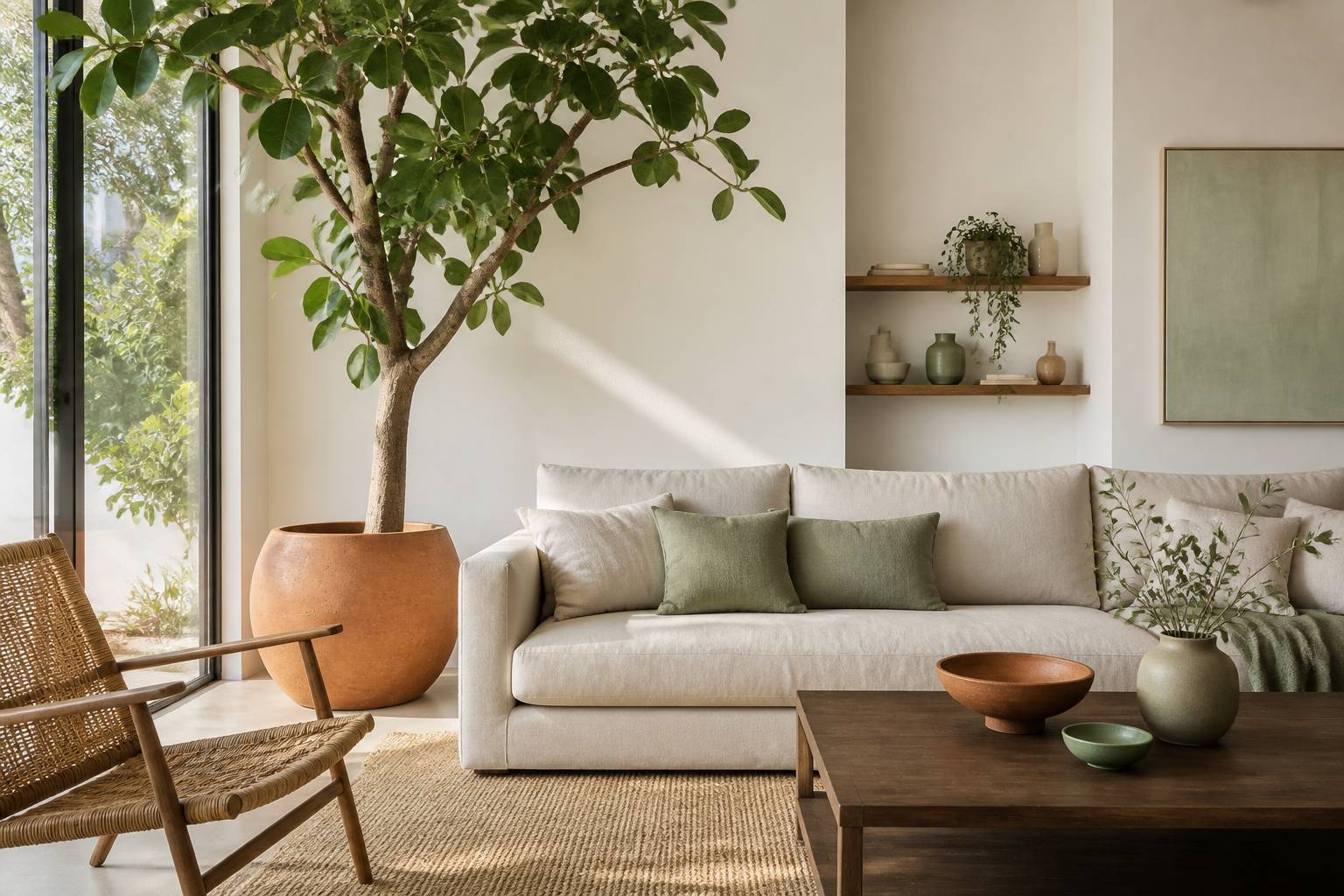 Grand ficus en pot dans un salon lumineux aux matières naturelles