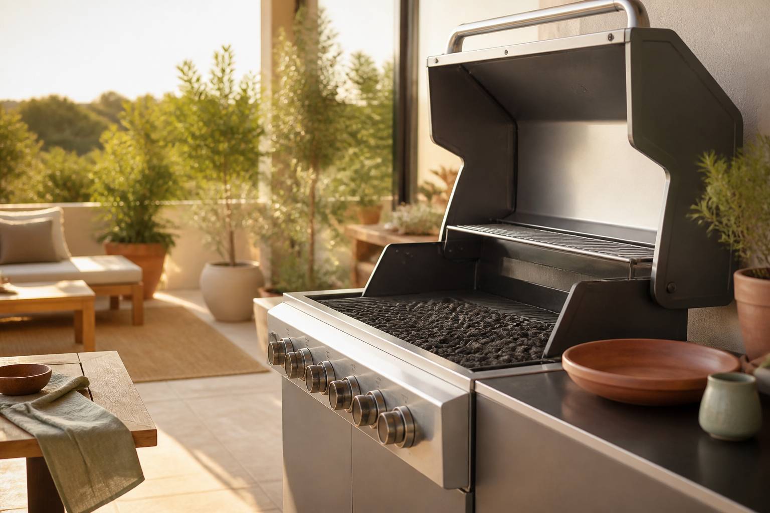Barbecue à gaz ouvert laissant voir ses pierres de lave sur une terrasse