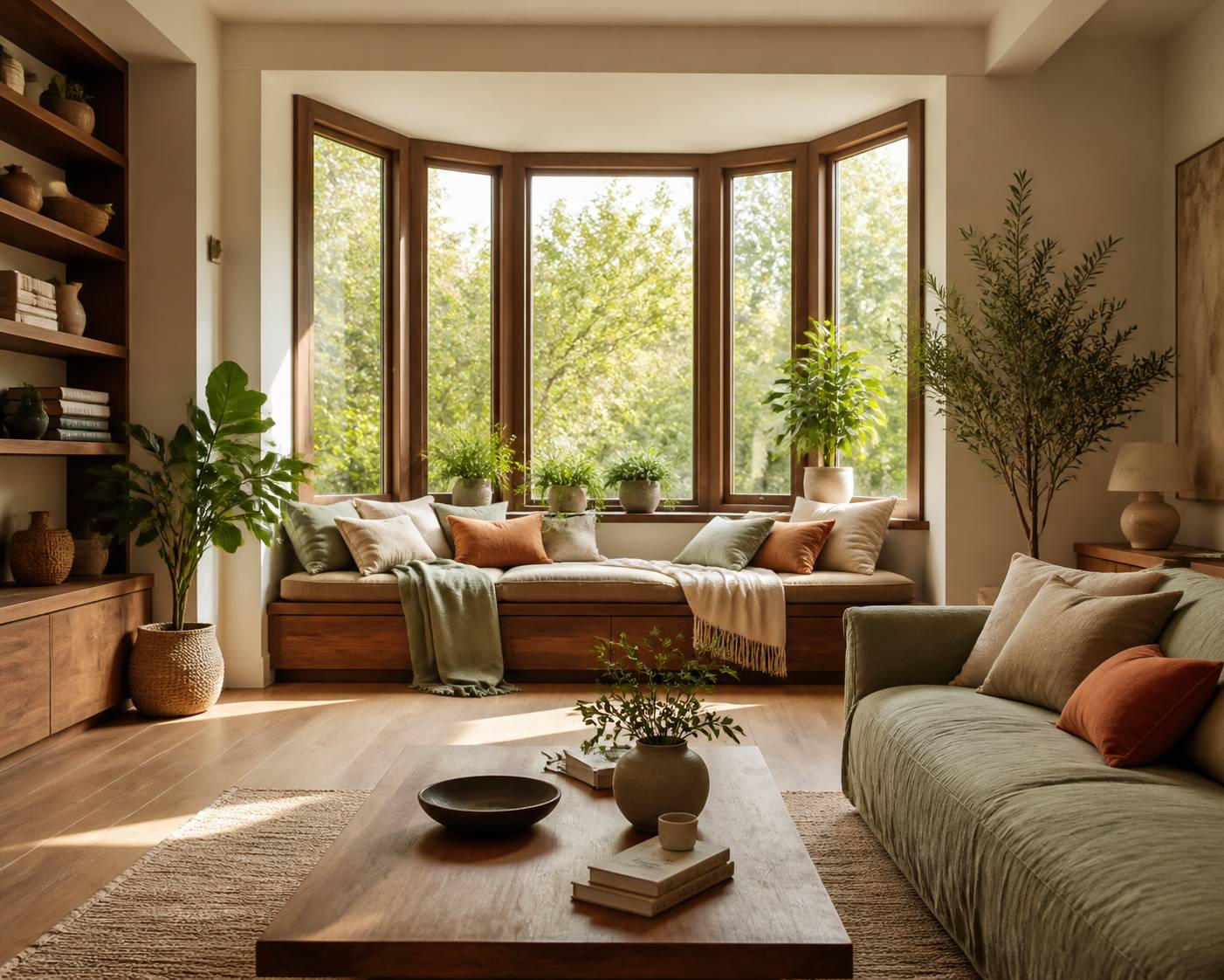 Salon avec bow-window et banquette garnie de coussins