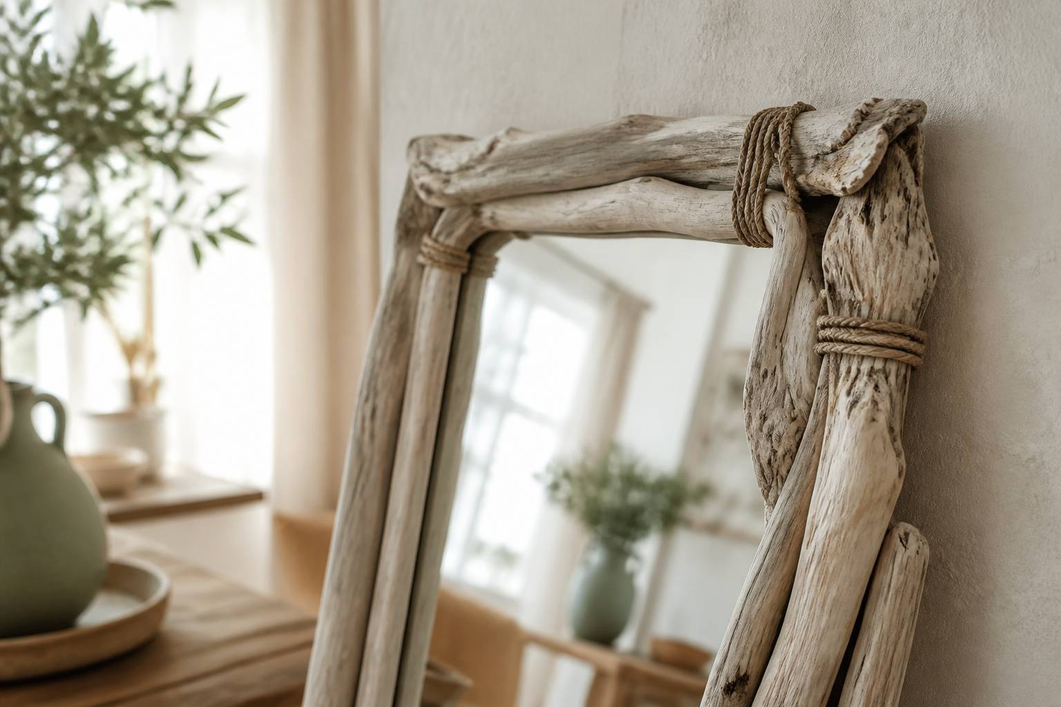 Cadre de miroir en bois flotté aux branches noueuses et blanchies