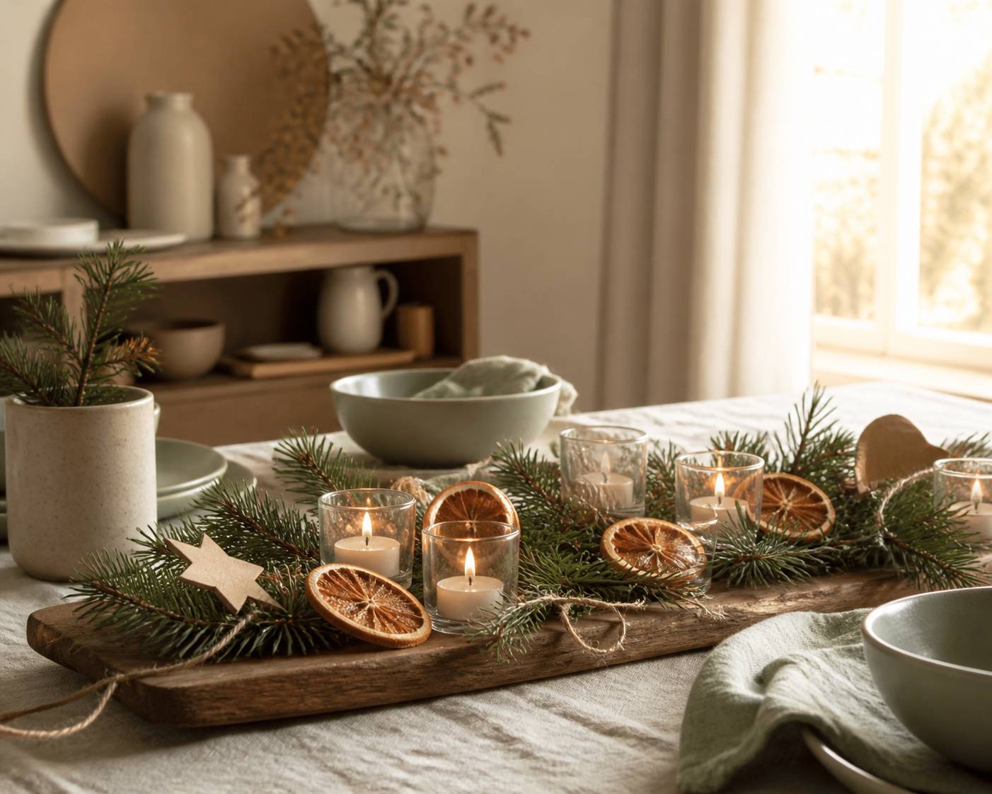 Centre de table de Noël DIY avec sapin, oranges séchées et bougies