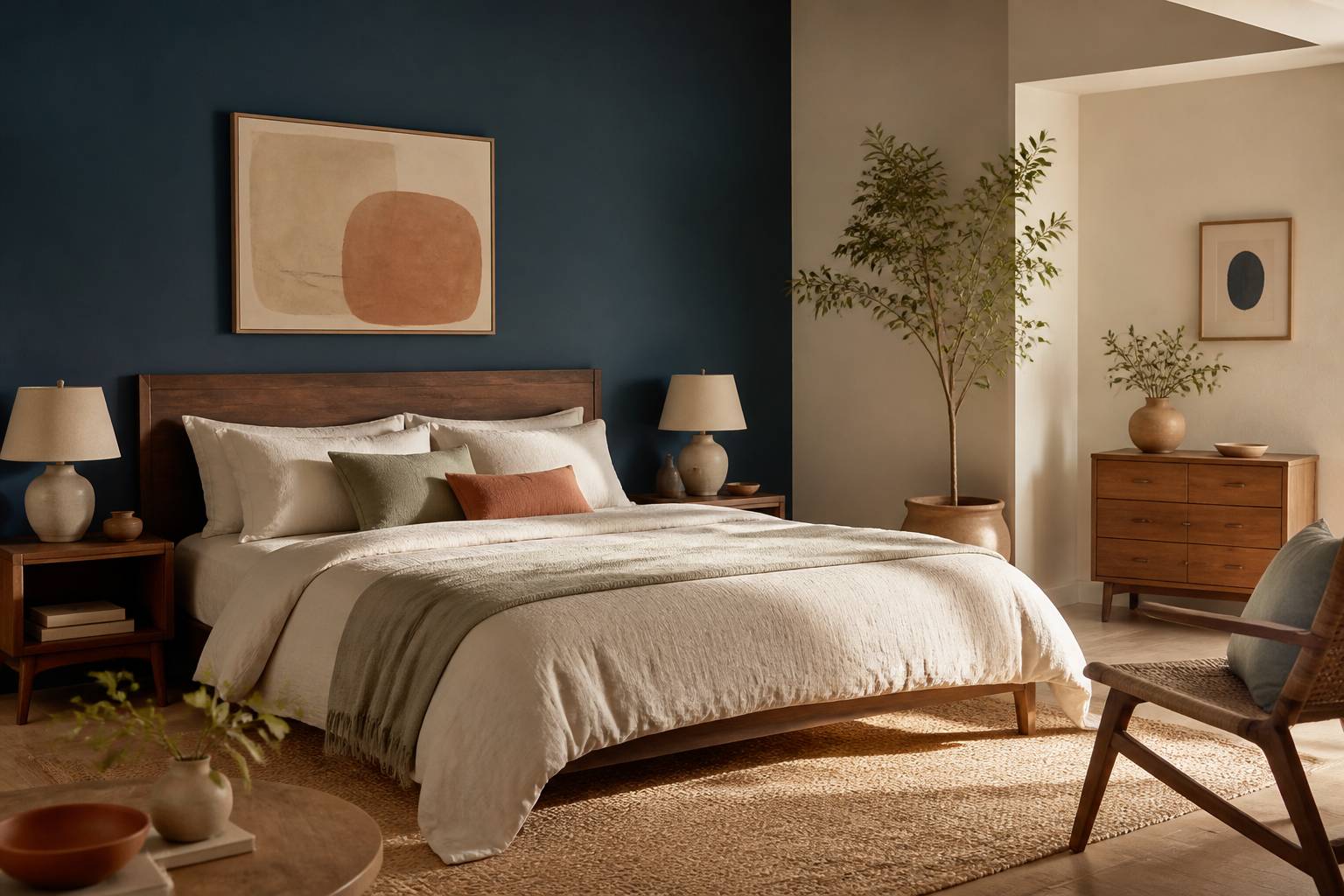 Chambre d'adulte avec un mur bleu profond et des murs beige clair