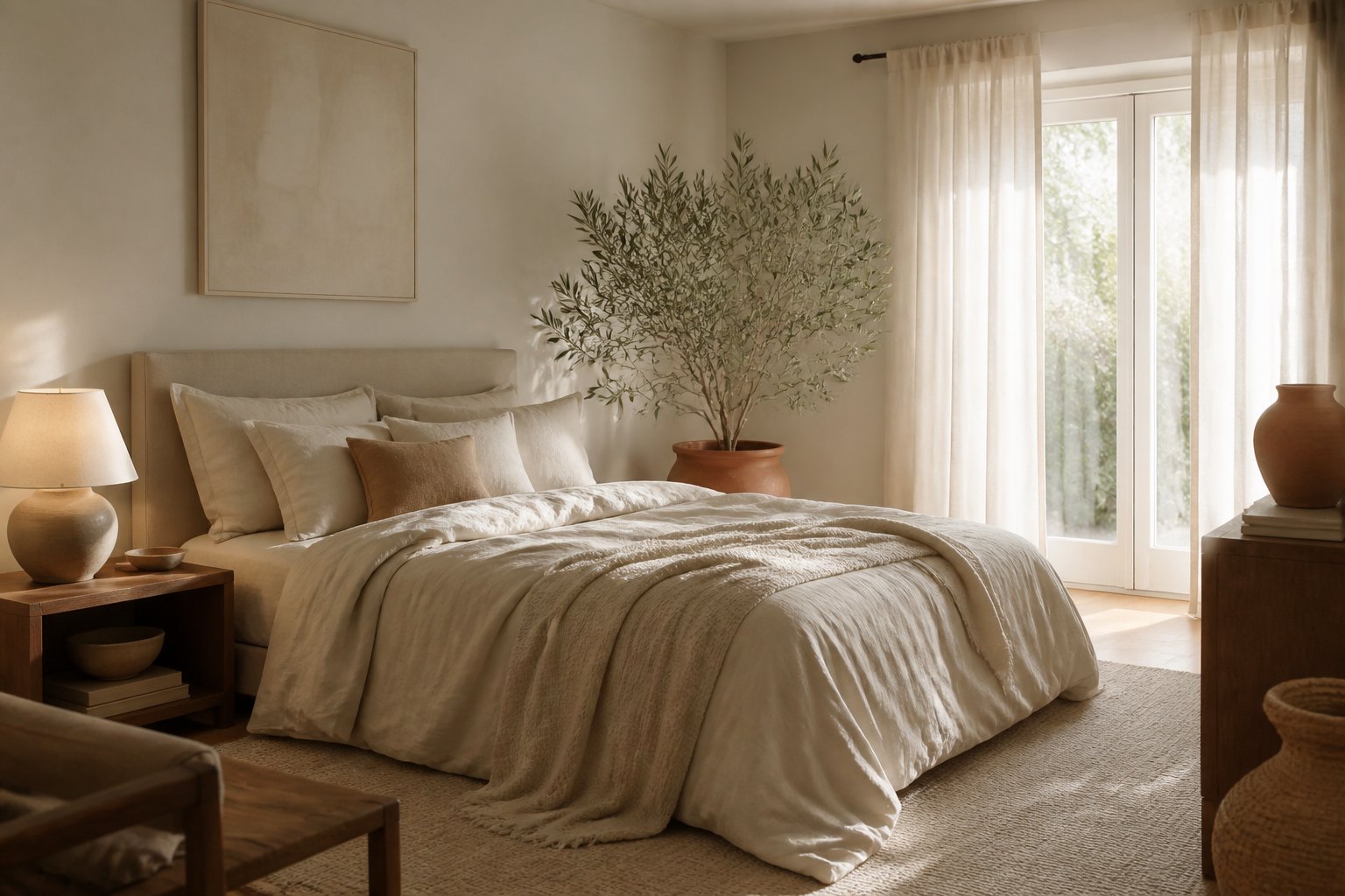 Chambre cocooning beige et blanc avec linge de lit en lin et lumière douce