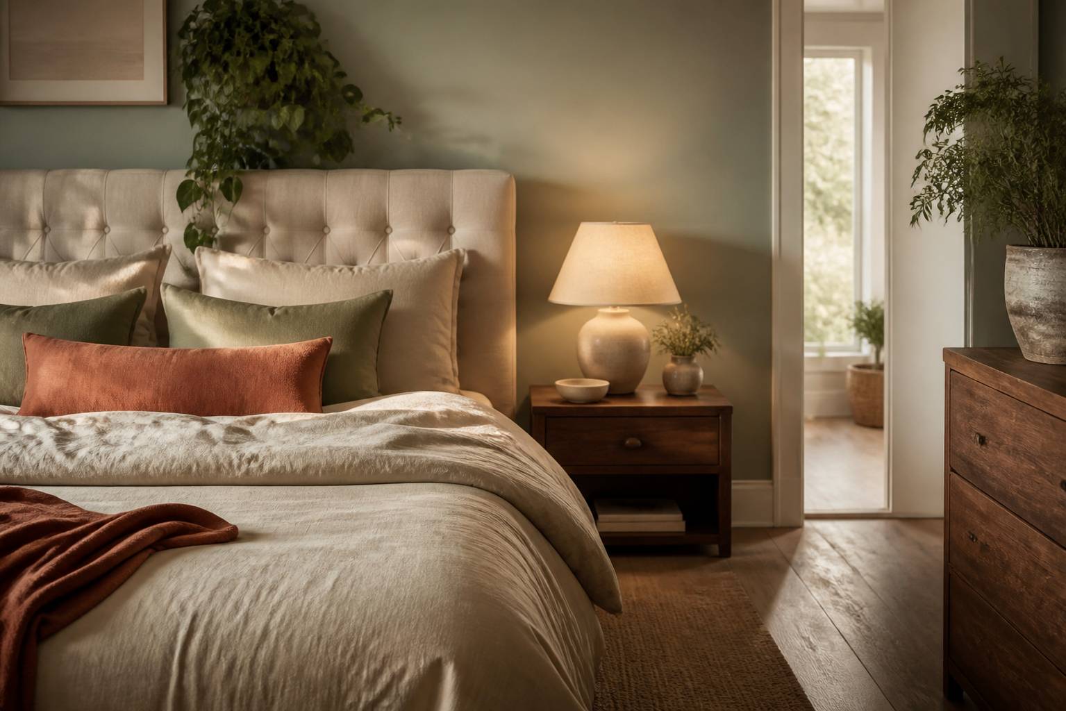 Chambre parentale chaleureuse avec lit en lin et tête de lit