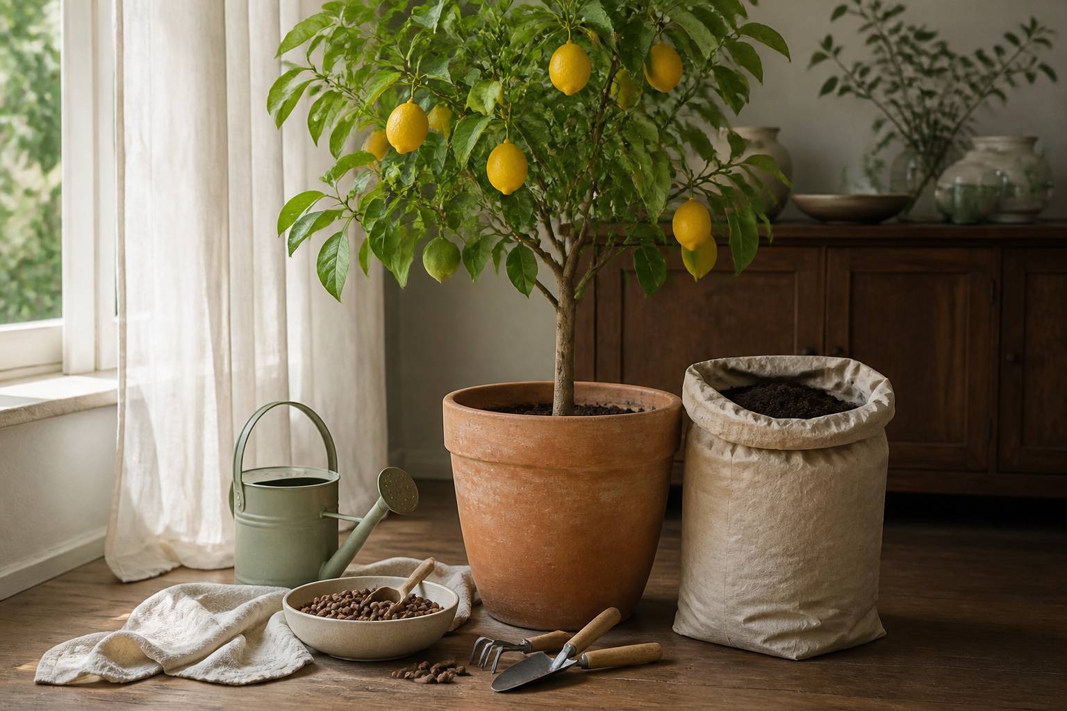 Pot de citronnier avec terreau drainant, billes d'argile et arrosoir