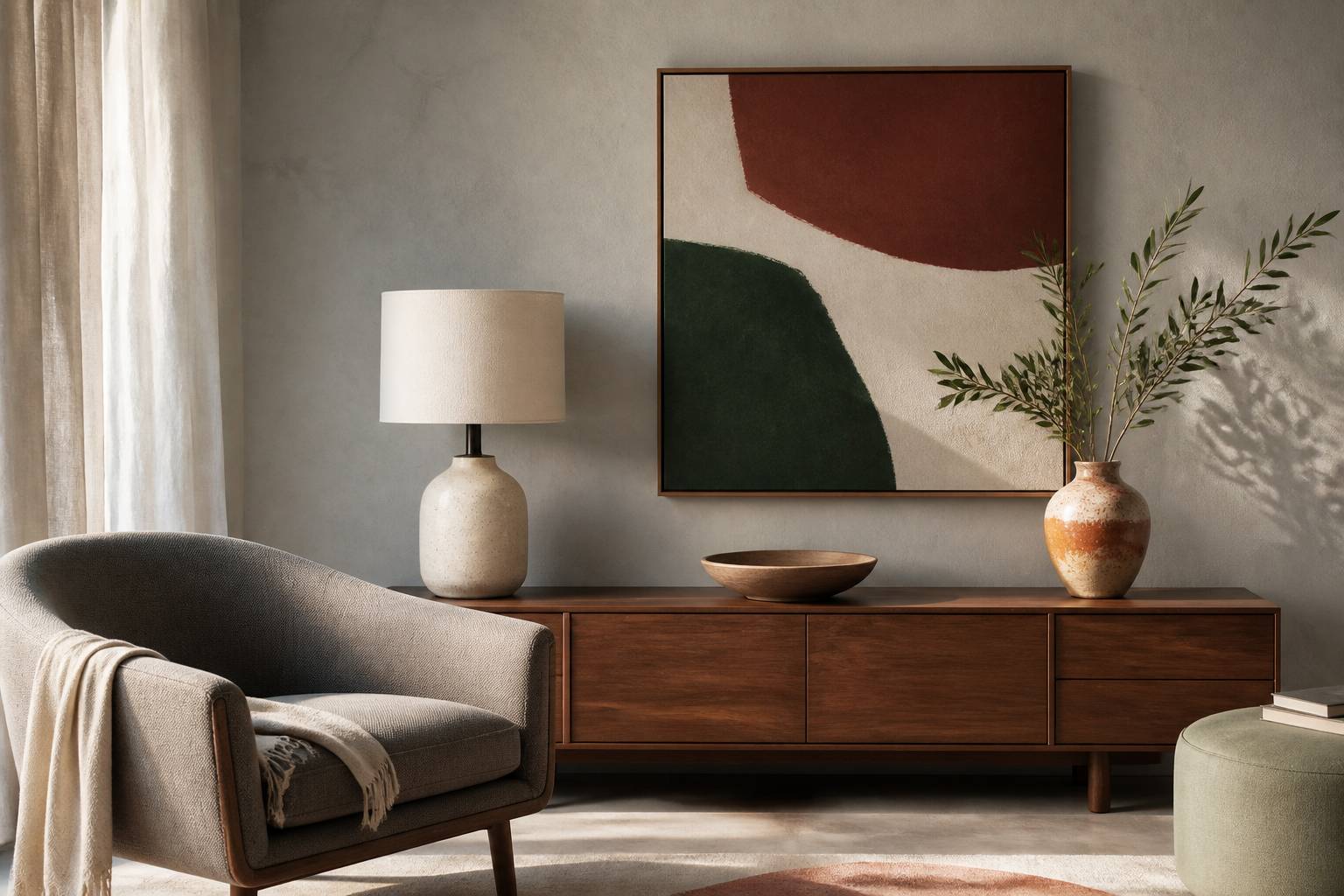 Coin déco avec mur gris texturé, cadre aux tons bordeaux et console en bois avec lampe