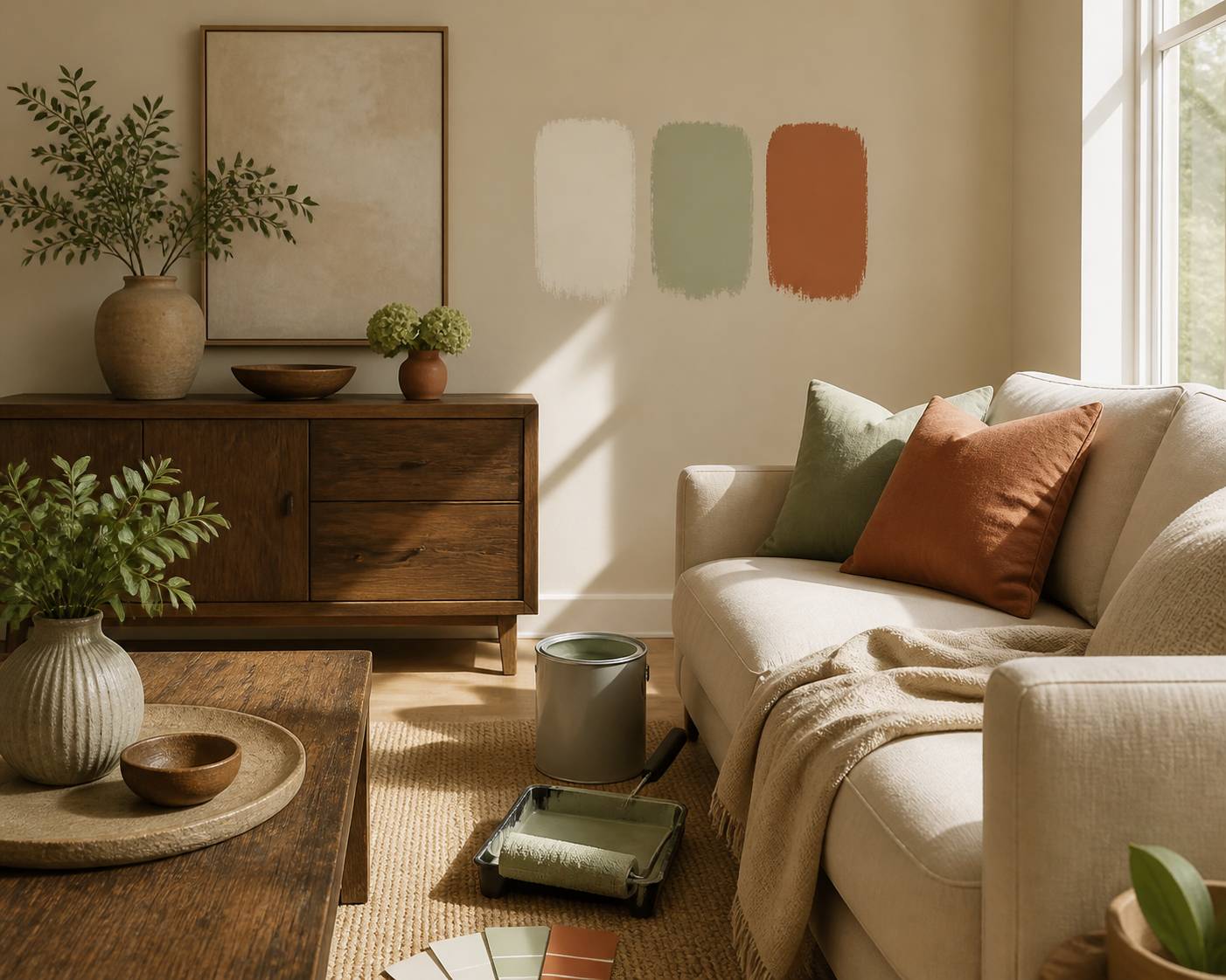 Mur beige chaud avec éventail d'échantillons de peinture neutres