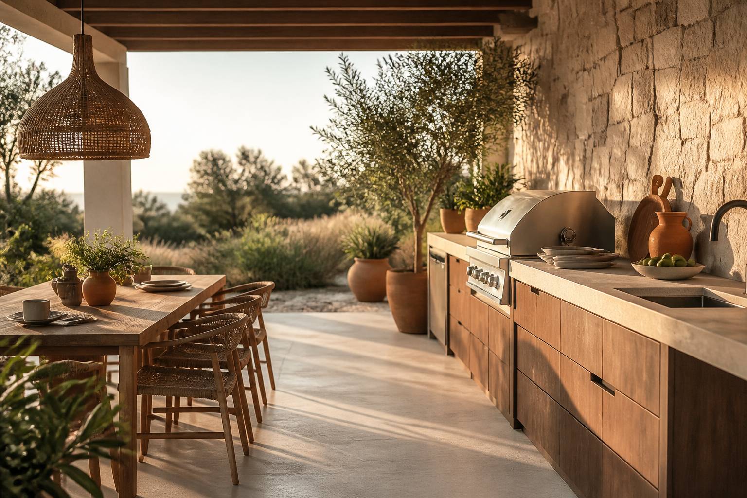 Cuisine d'extérieur en pierre sur une terrasse aménagée