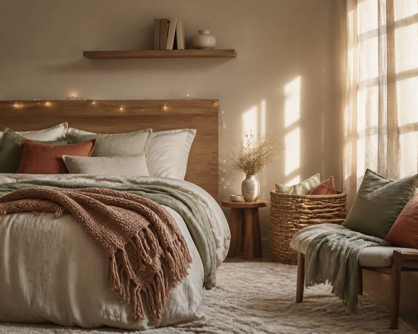 Tête de lit en bois et textiles doux pour une chambre apaisante