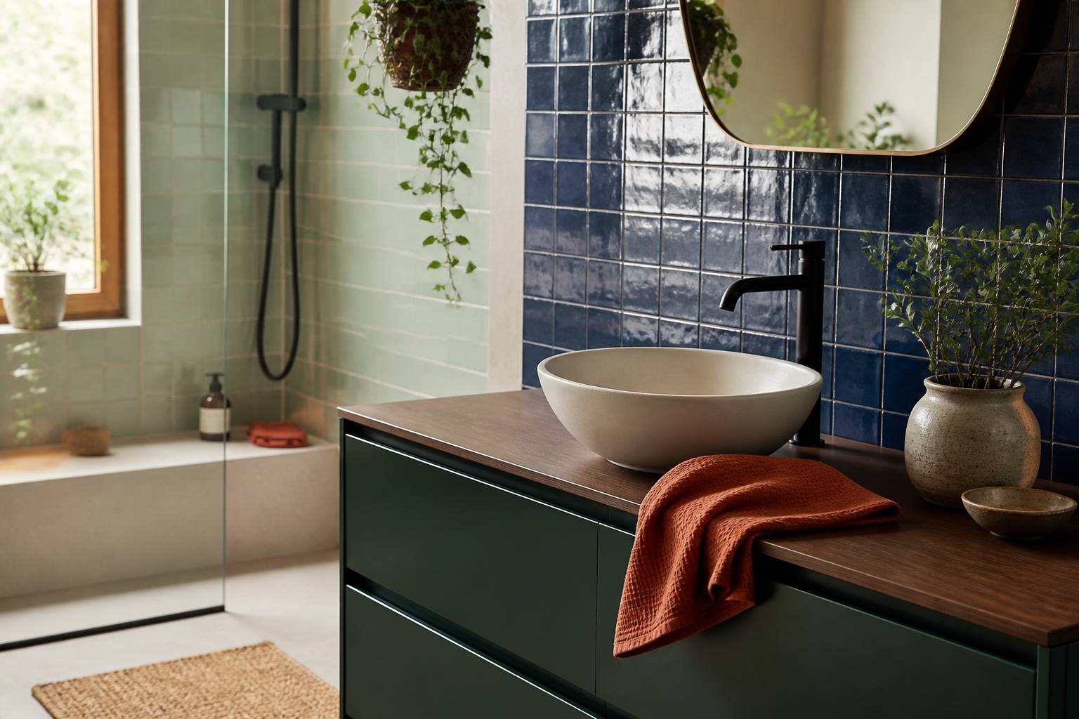 Robinetterie noire mate et lavabo sur un meuble vert bouteille