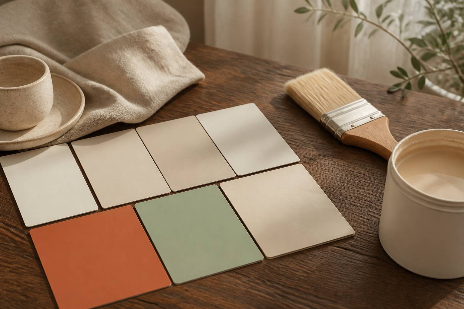 Échantillons de peinture beige avec terracotta et vert sauge en contraste