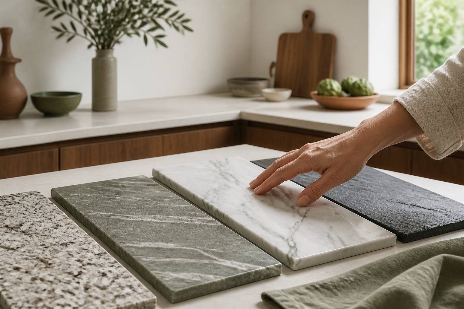 Échantillons de granit, quartzite, marbre et ardoise posés sur un plan de travail