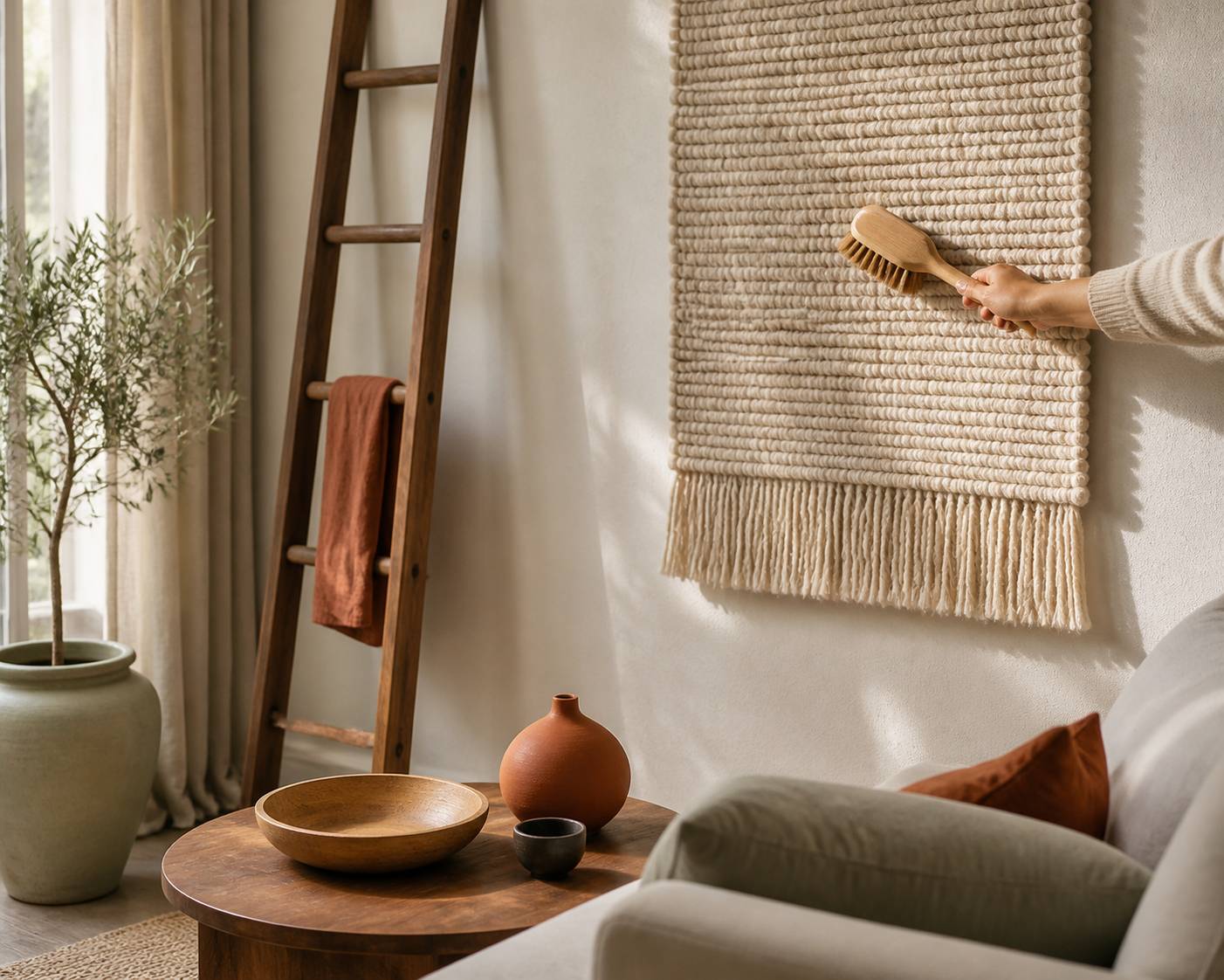 Main dépoussiérant une tapisserie murale avec une brosse douce