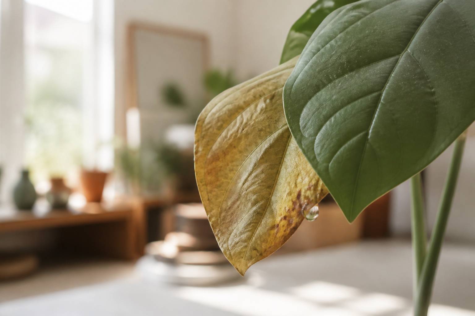 Feuille jaunie et feuille verte d'une même plante en gros plan