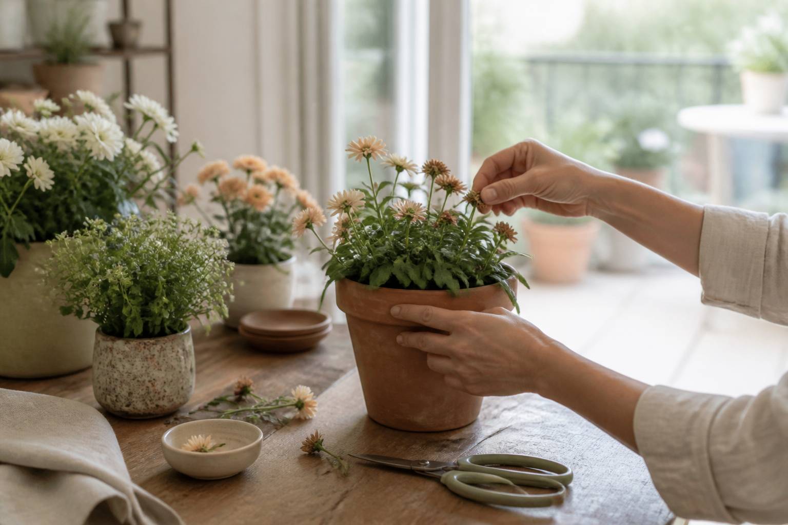 Mains retirant des fleurs fanées d'une potée avec un sécateur