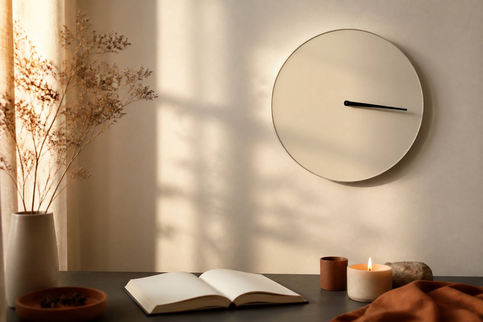 Horloge murale sans chiffres avec carnet et bougie
