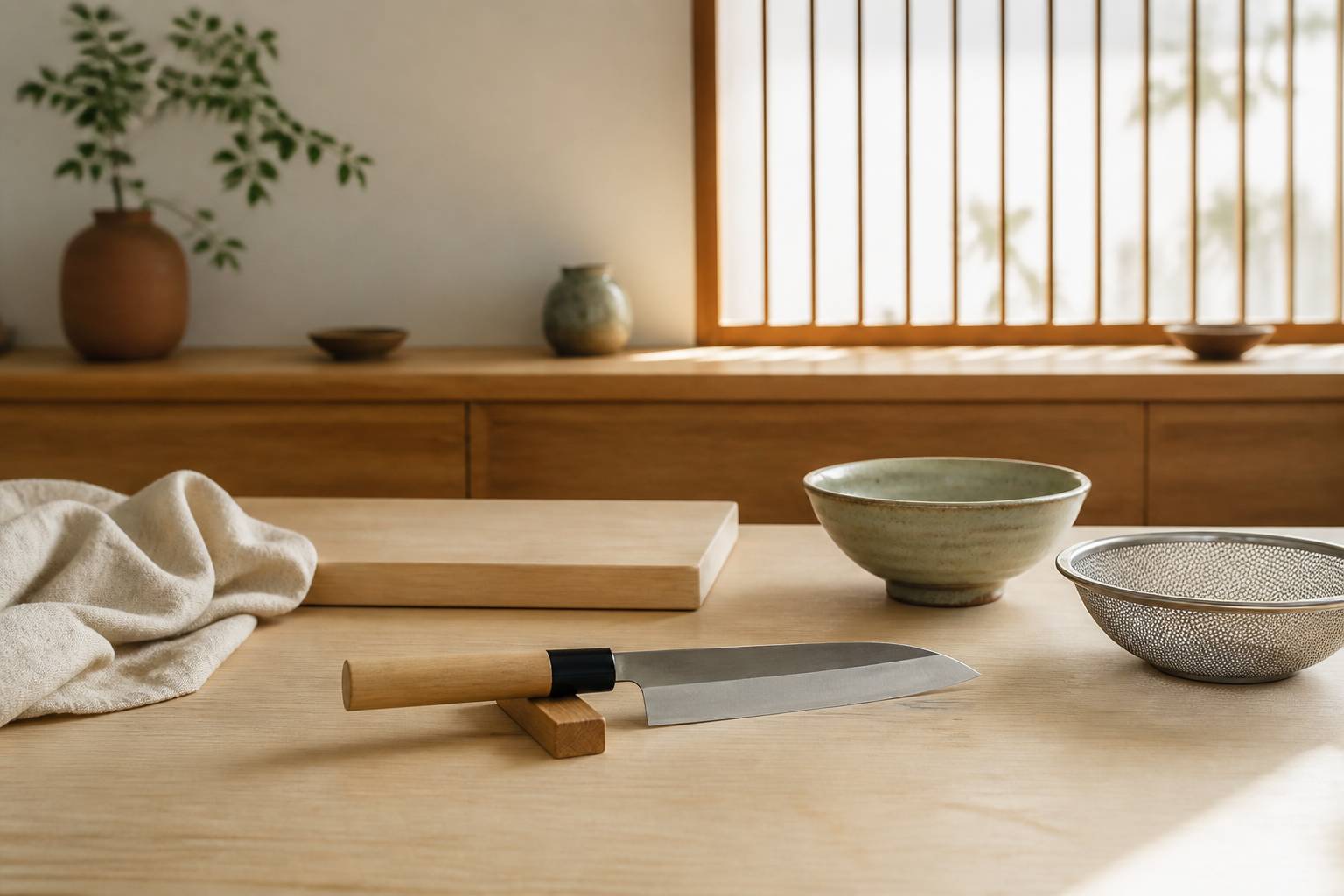 Couteau japonais à manche en bois sur un établi de cuisine