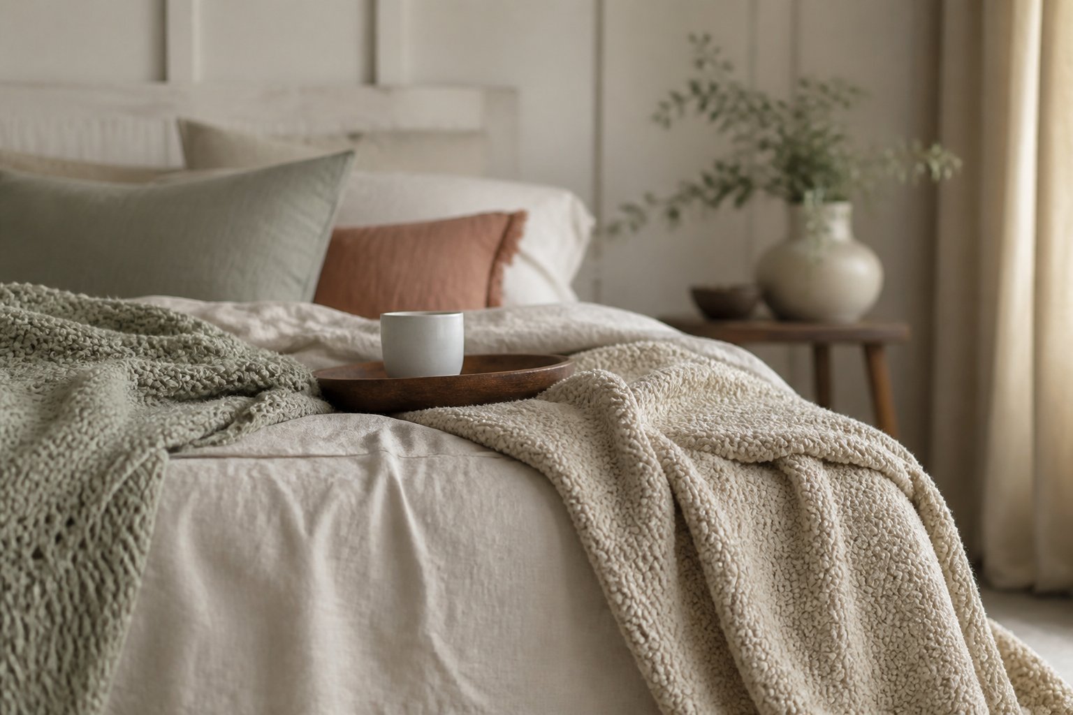 Piles de linge de lit beige et blanc aux matières tactiles et douces