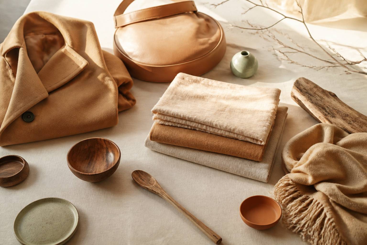 Échantillons de tissus camel avec manteau plié et sac en cuir