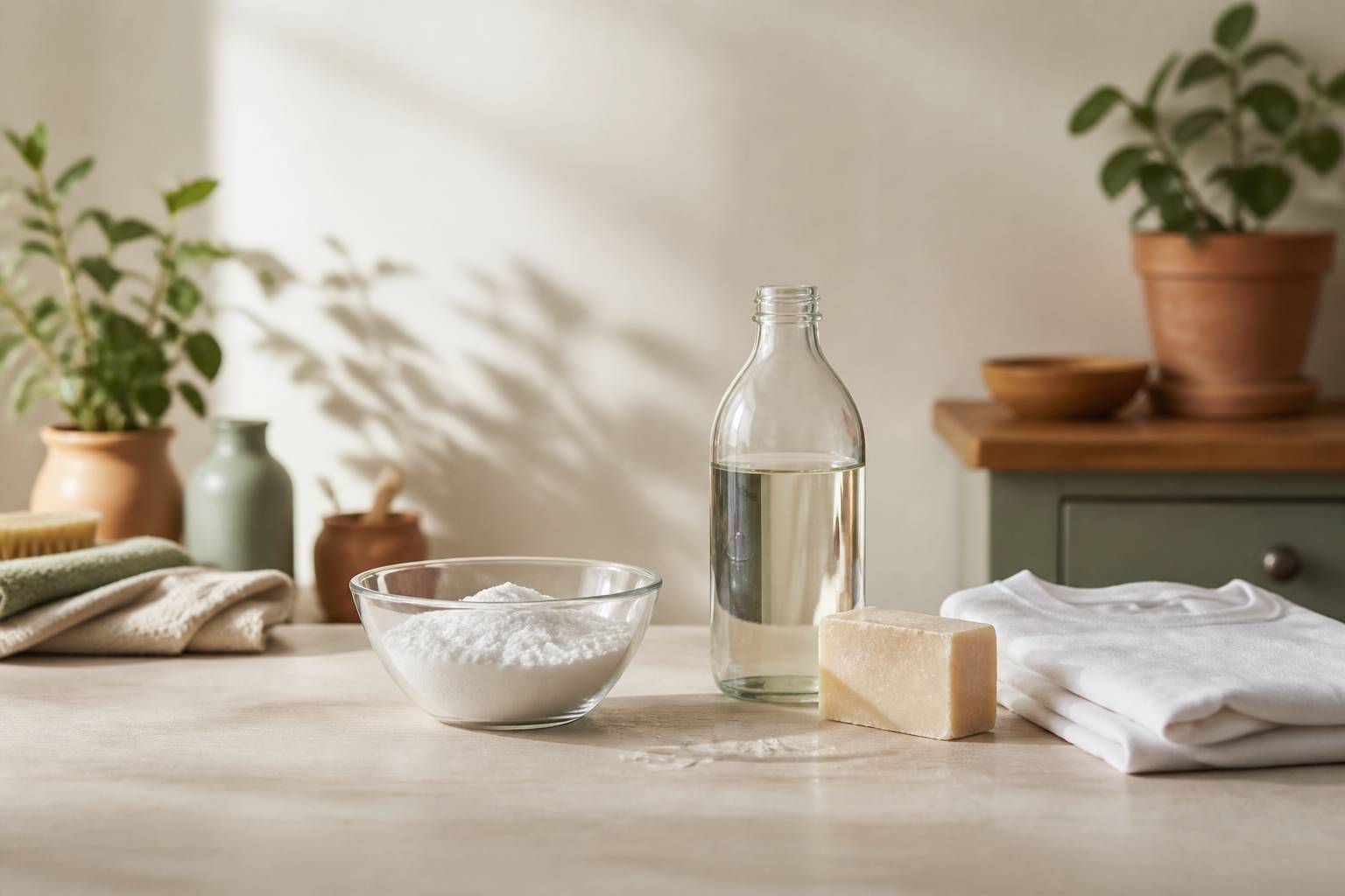 Bol de bicarbonate, flacon de vinaigre blanc et vêtements sur un plan de travail
