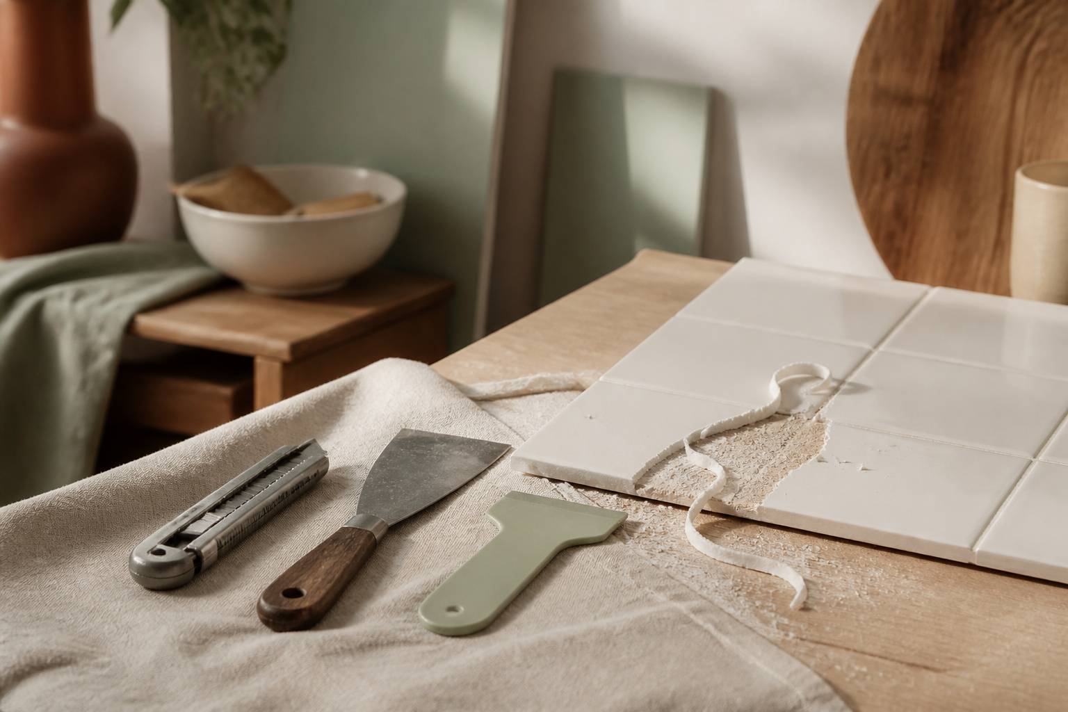 Outils de retrait du silicone : cutter, spatule et grattoir posés près d'un carrelage céramique blanc