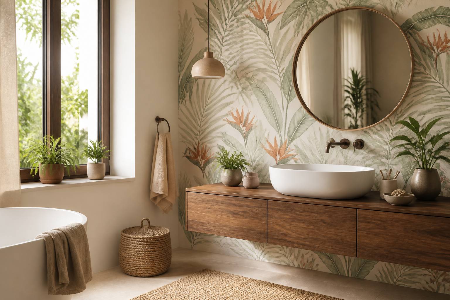 Salle de bains moderne avec un mur en papier peint à motif végétal
